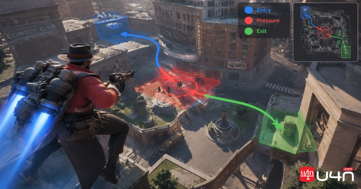Deadman Danny tactical illustration marking entry, pressure, and exit routes