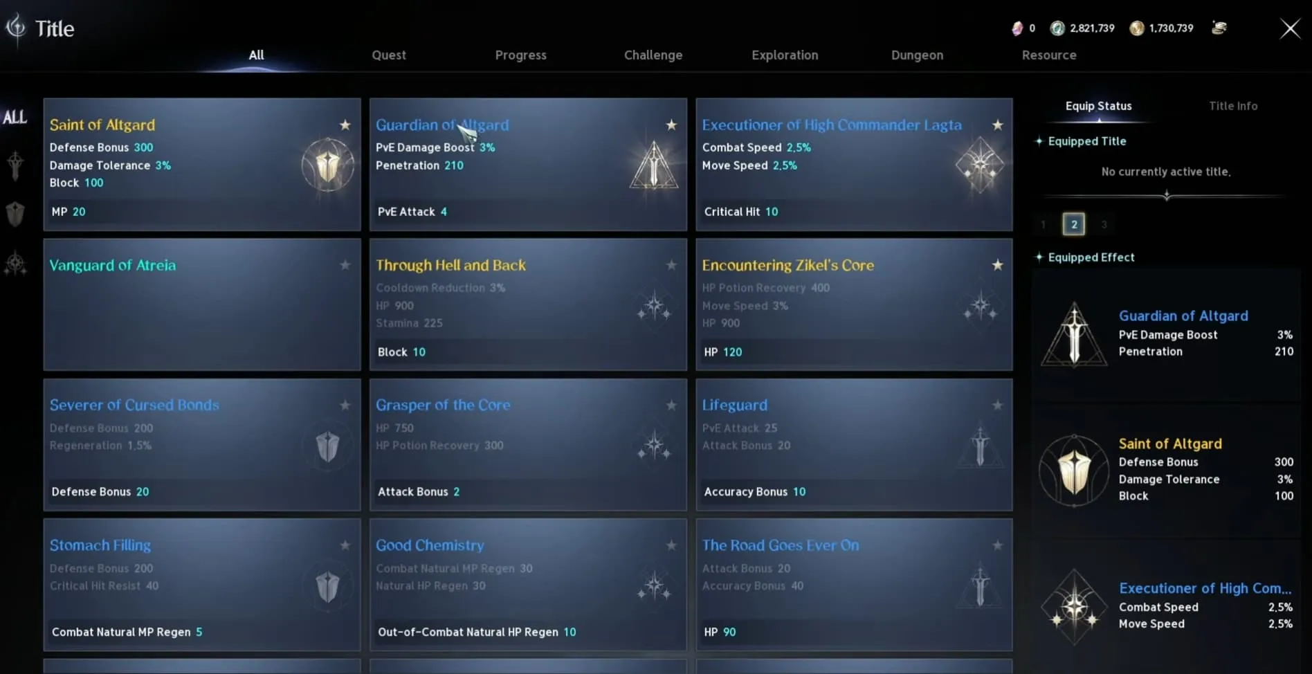 AION 2 title menu comparing Guardian of Altgard Through Hell and Back and Combat Speed titles