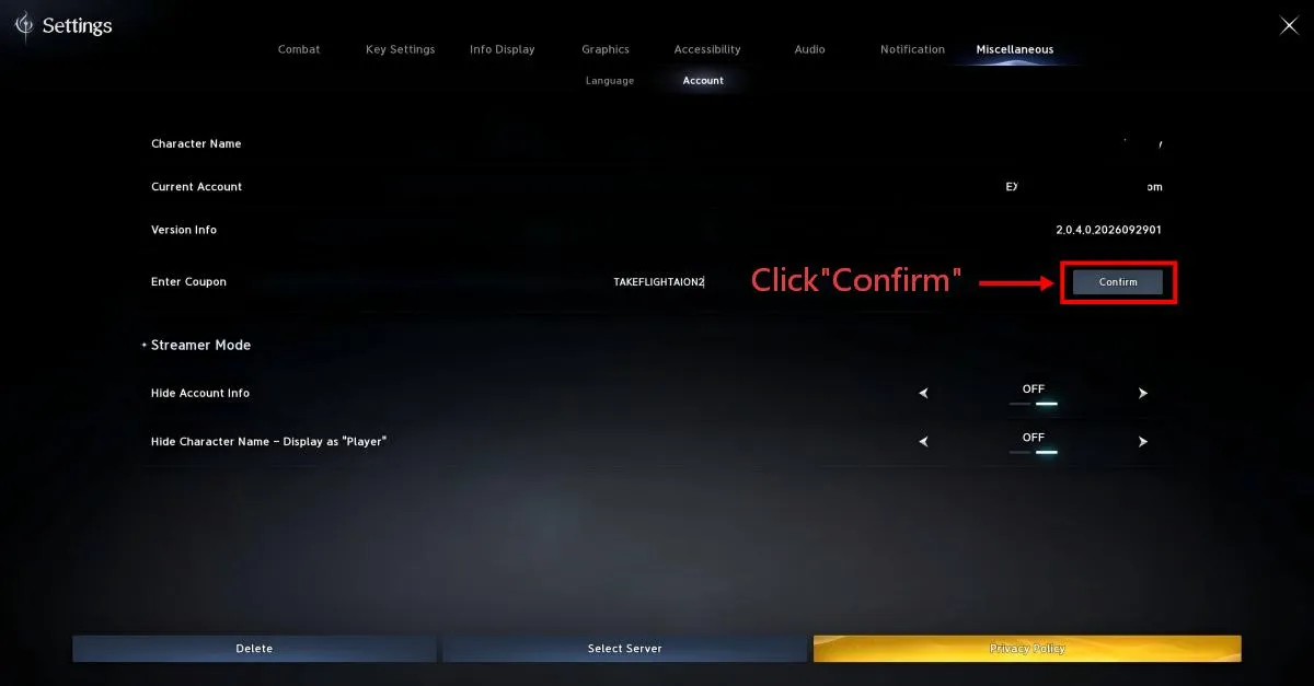 AION 2 coupon field filled with TAKEFLIGHTAION2 and the Confirm button highlighted