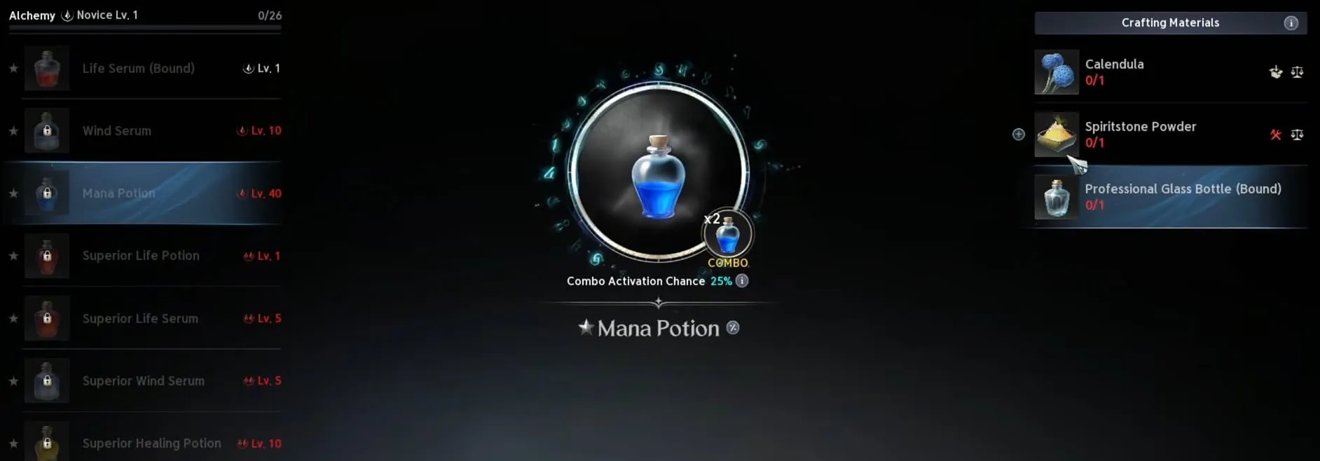 AION 2 Alchemy menu showing the Mana Potion recipe