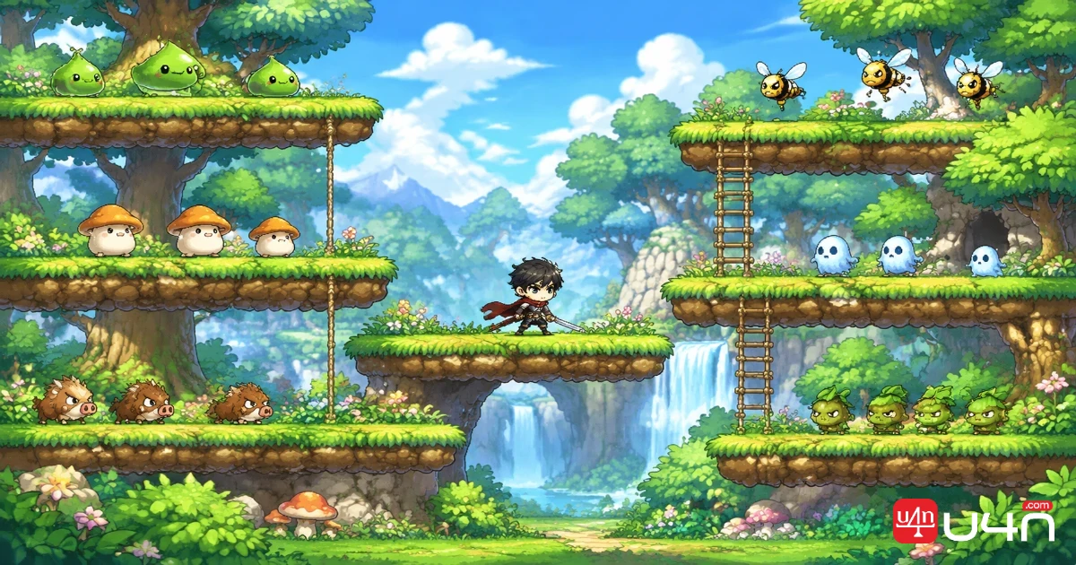MapleStory Classic World training map with multiple platforms and monsters