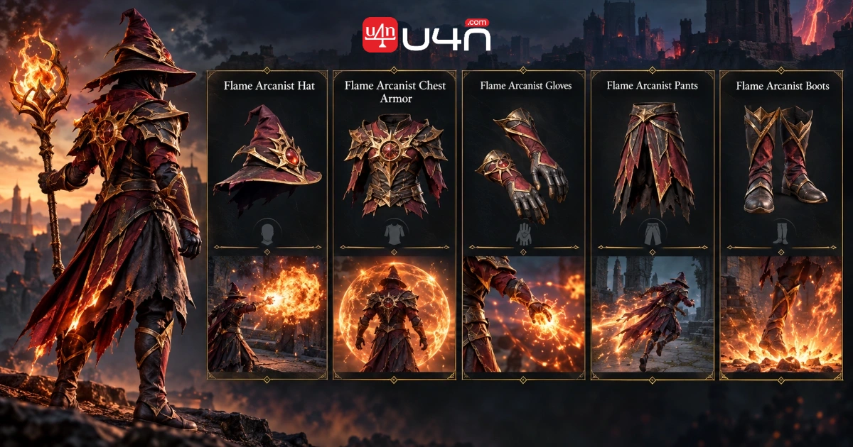 Flame Arcanist armor pieces organized by their role in a solo Battlemage build