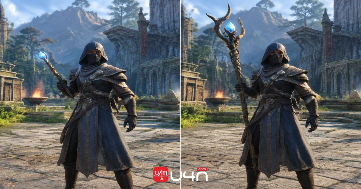 The same character equipped with a wand and a staff in two matching gameplay views