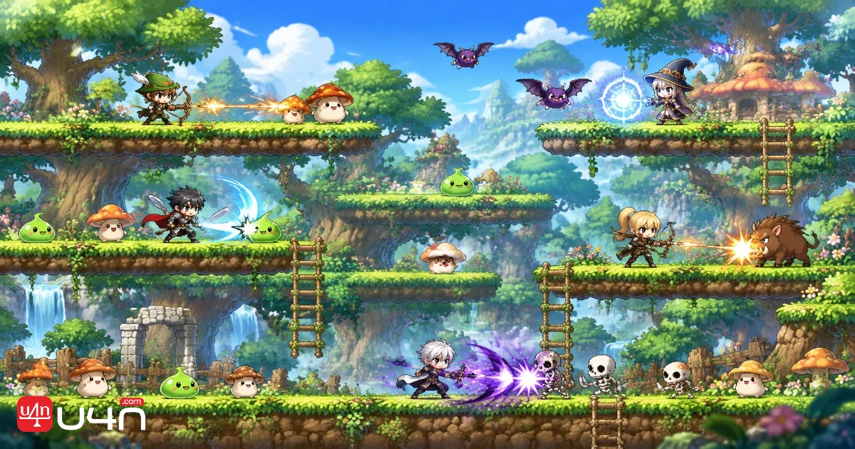 MapleStory Classic World monsters and adventurers fighting across multiple platforms