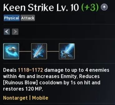 AION 2 Keen Strike tooltip showing MP restoration and Ruinous Blow cooldown reduction