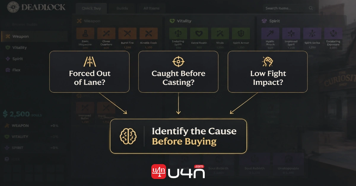 Deadlock item-buying diagram connecting gameplay problems with purchase decisions