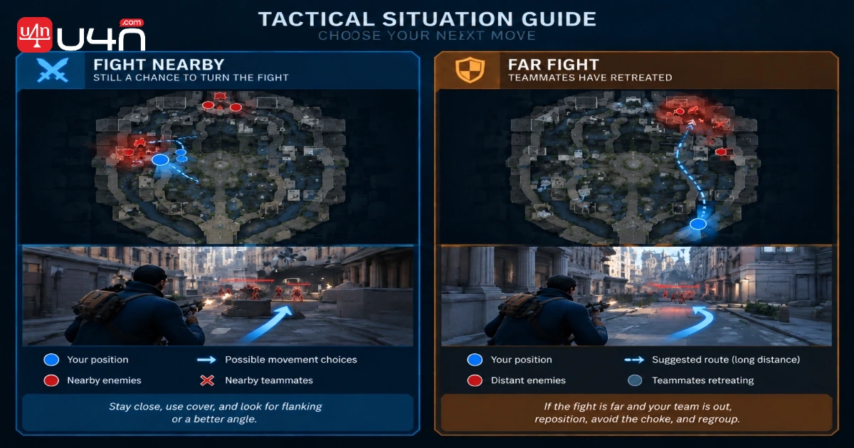 Deadlock rotation comparison showing nearby support and a late arrival to a retreating fight