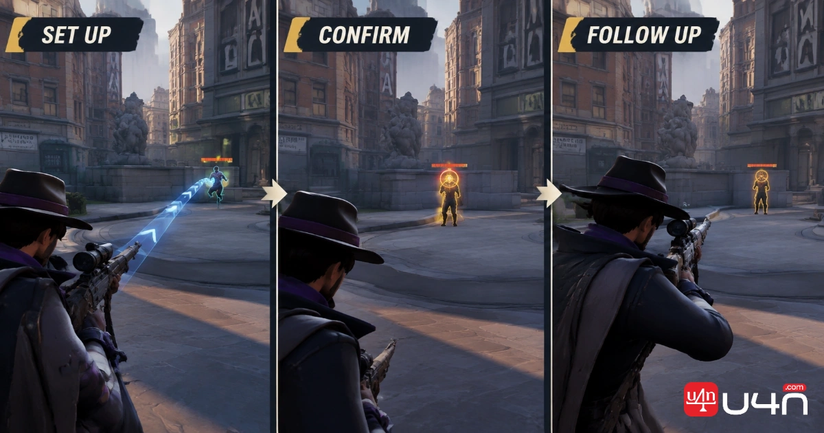 Three-panel Danny setup showing missile placement, a marked target, and the follow-up angle