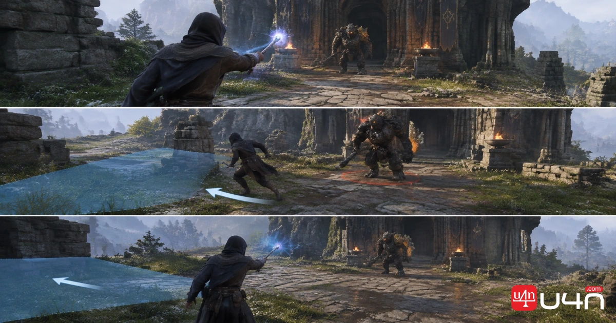 Three-step Battlemage combat sequence showing positioning and a wand-to-staff switch
