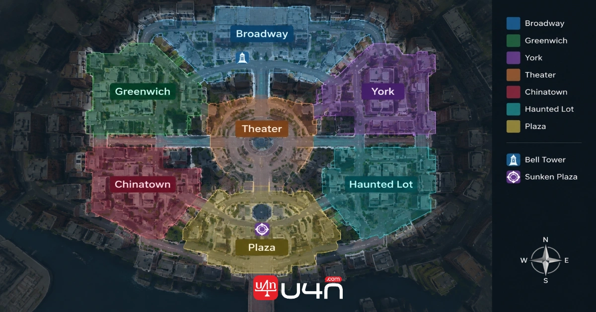 Deadlock lane and district overview with key farming locations marked