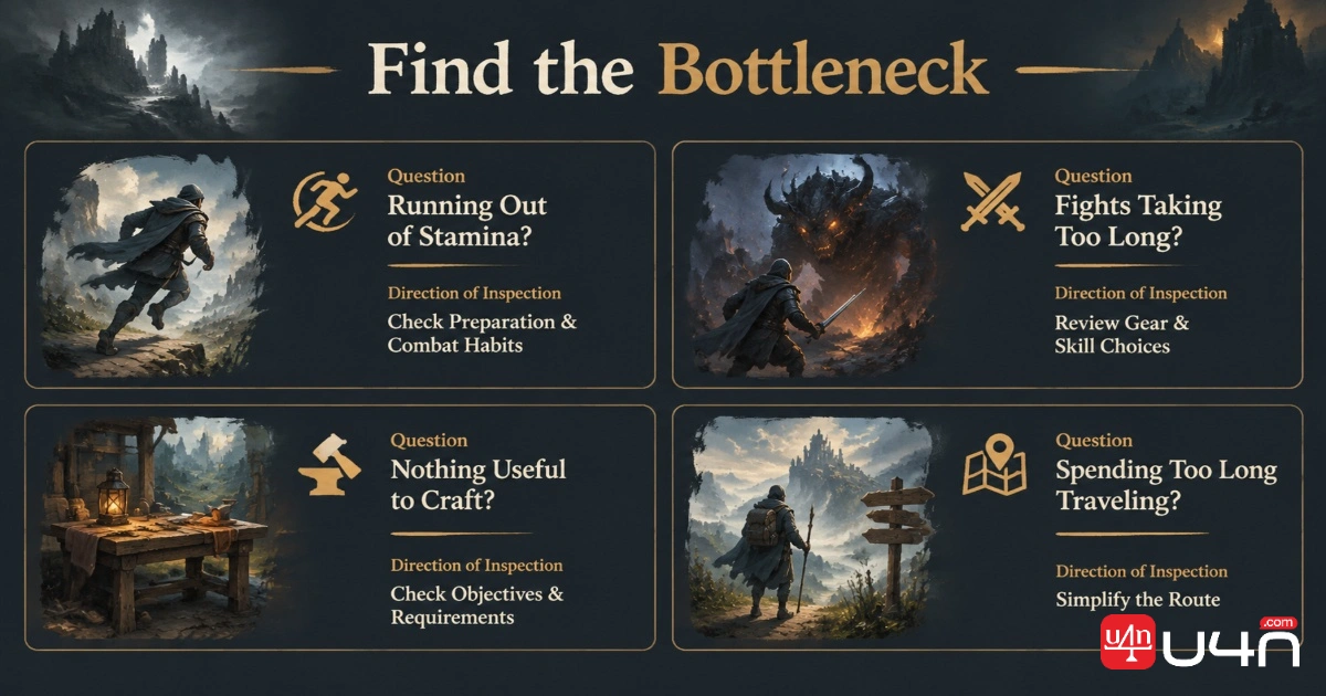 Enshrouded beginner troubleshooting chart covering stamina, combat, crafting requirements, and travel planning