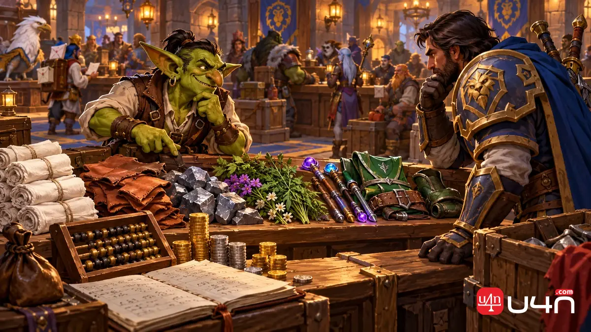 A WoW Forever Auction House trader comparing raw materials, crafted equipment, deposits, and realized coin