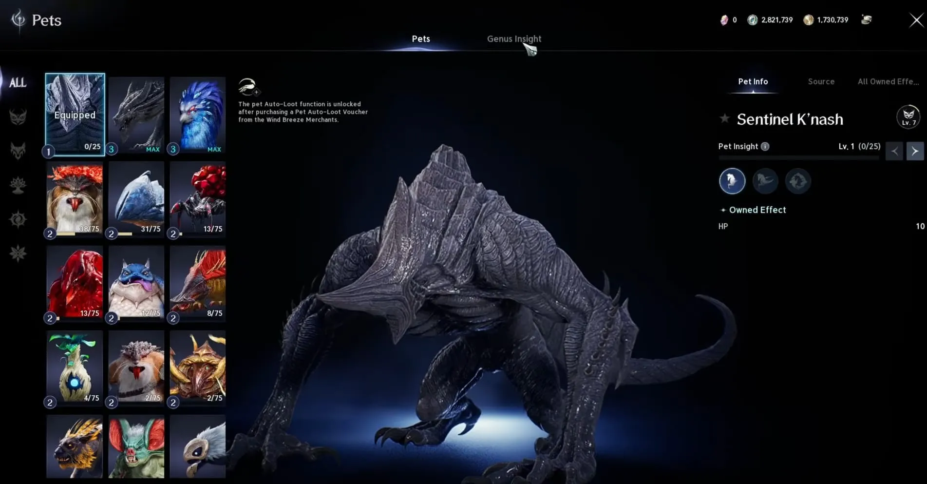 AION 2 pet menu used to review Pet Insight and owned effects