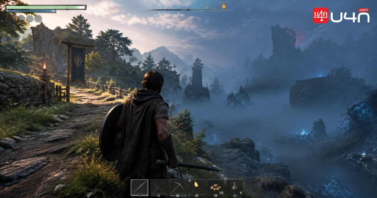 Adventurer at the Shroud boundary in Enshrouded with a marked return route toward clear ground