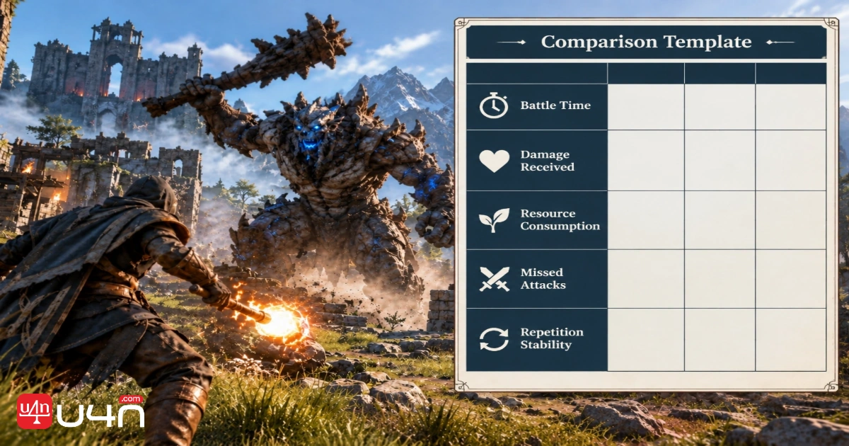 Weapon testing worksheet tracking encounter time, damage received, resources consumed, missed attacks, and repeatability