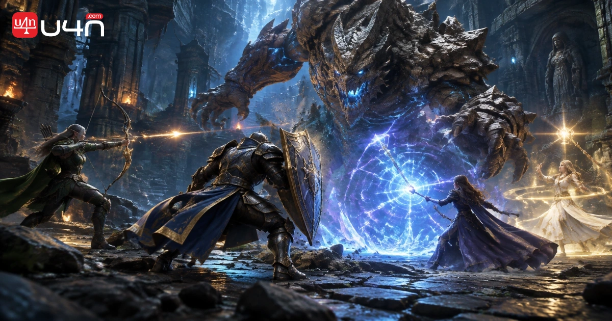 Icarus Online dungeon party showing tank, ranged damage, magic, and healing roles