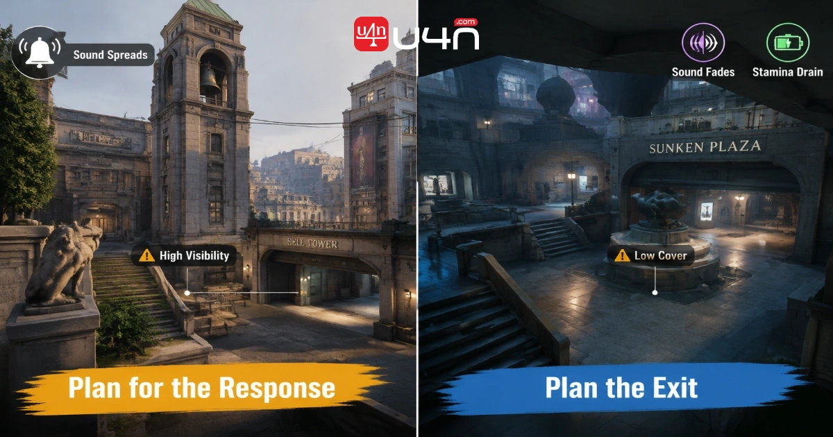 Bell Tower and Sunken Plaza farming risks illustrated with gameplay screenshots