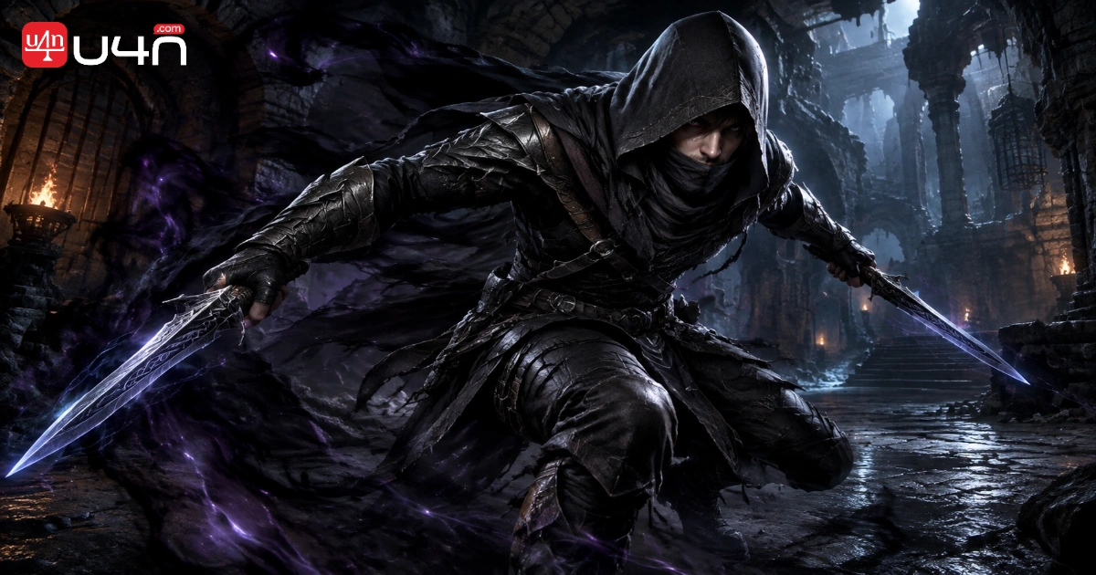 Original dark fantasy assassin concept holding dual daggers in a shadowy environment